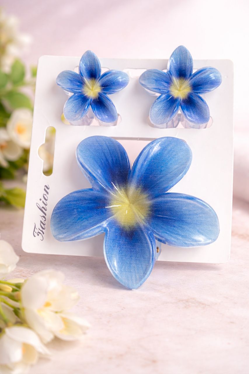 Blue Plumeria Flower Hair Clip Set